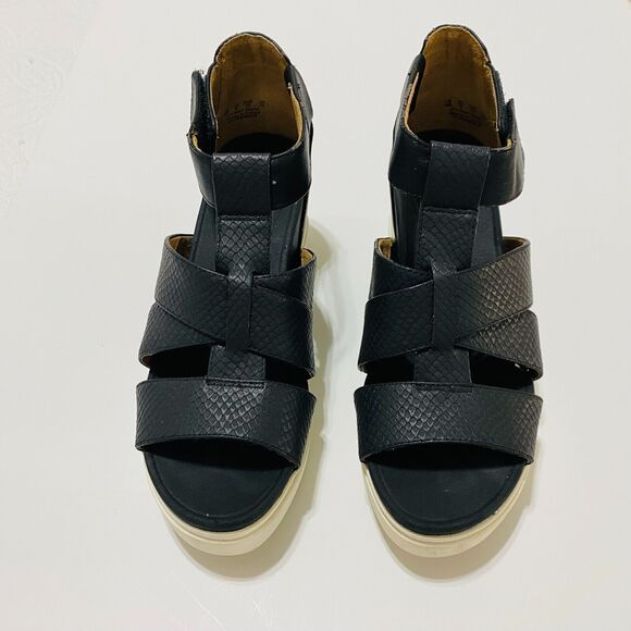 DR. SCHOLLS Women's Leather Platform‎ Chunky Sandals Comfort Sz 8 M Black White - Picture 3 of 13